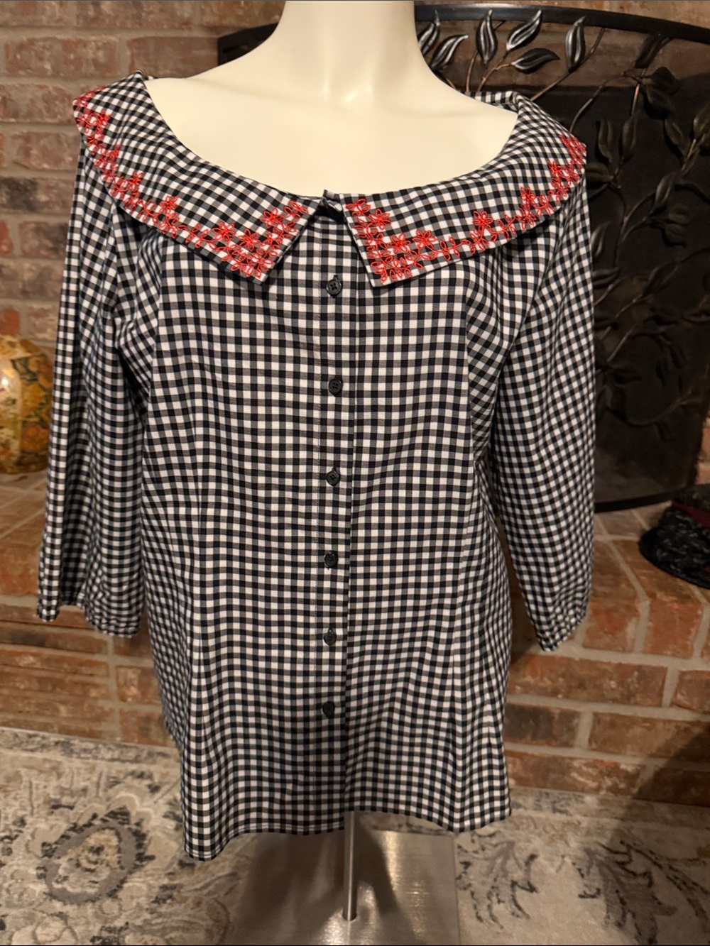 Tristan Black & White Gingham Button-Front Top with Red Embroidered Collar